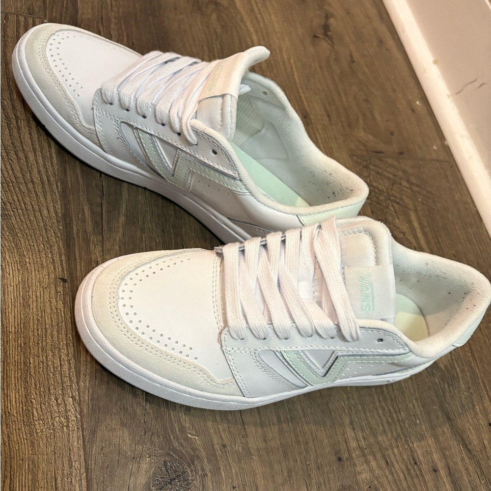 Vans White and Light Mint Classic Lowland Sneakers